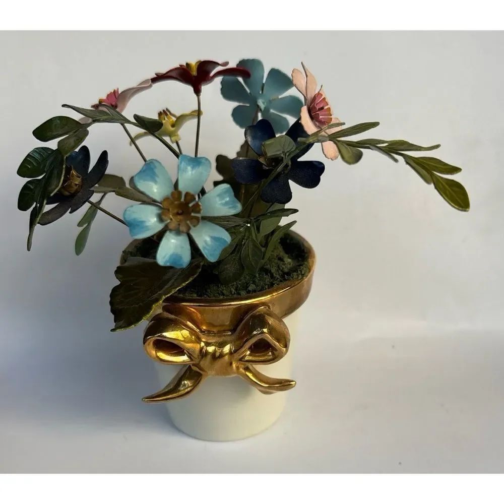 Vintage Ted Arnold Enamel on Copper Colorful Flower Bouquet W/porcelain Base